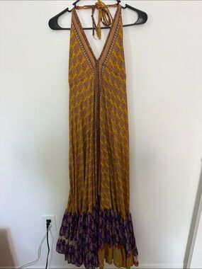 Siddhartha Golden Yellow Silk Boho Maxi Dress OSFA Open Back Halter Tie